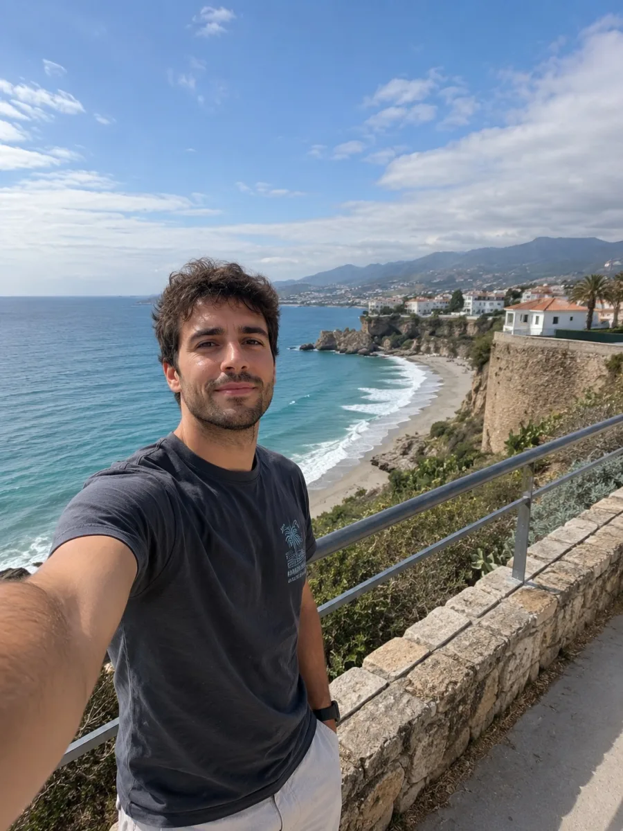 Selfie de un hombre en la costa, foto original