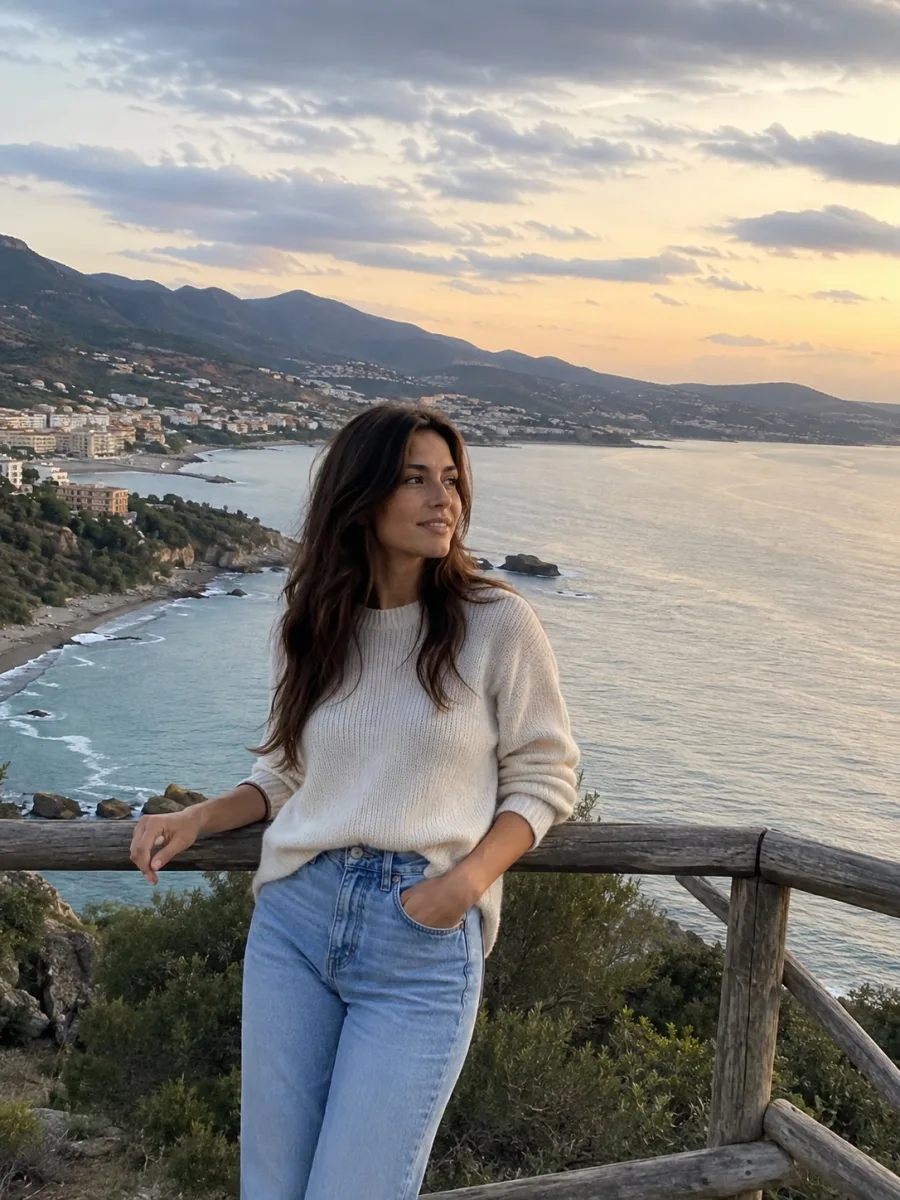 Mujer en un mirador de la costa al atardecer, foto original