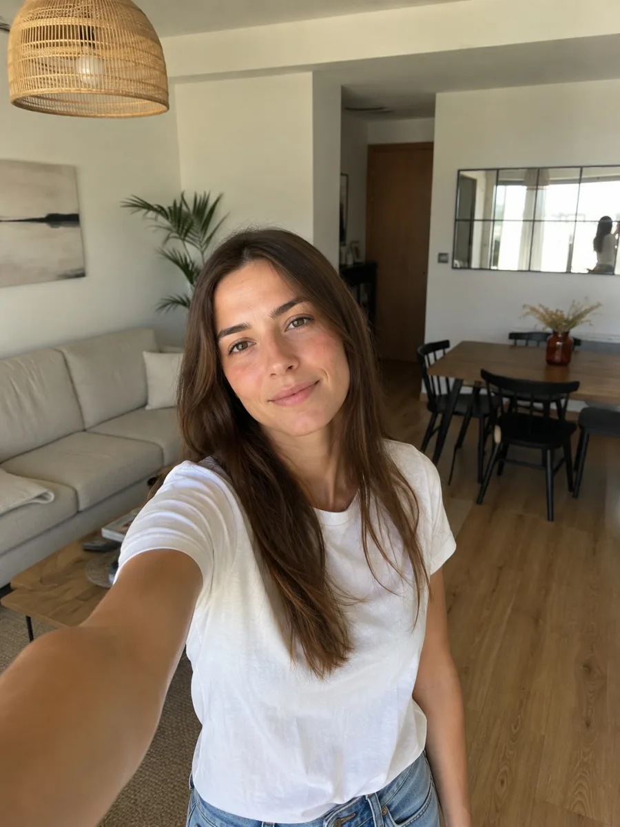 Selfie casual de una mujer en casa con camiseta blanca
